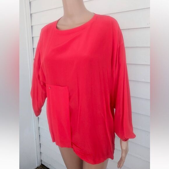 Vintage 80s Red Boxy Decorative Pocket Blouse Silk M Courtney Rhodes - Picture 1 of 4